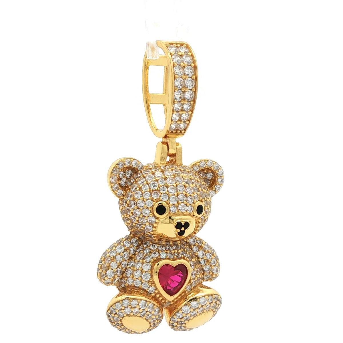 14k Gold-plated Silver  CZ Red Heart Cute Iced Teddy Bear Pendant - APD237-GP