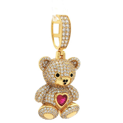 14k Gold-plated Silver  CZ Red Heart Cute Iced Teddy Bear Pendant - APD237-GP