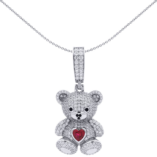 Silver CZ Ruby-Red Heart Accent Cute Iced Out Teddy Bear Pendant - APD237