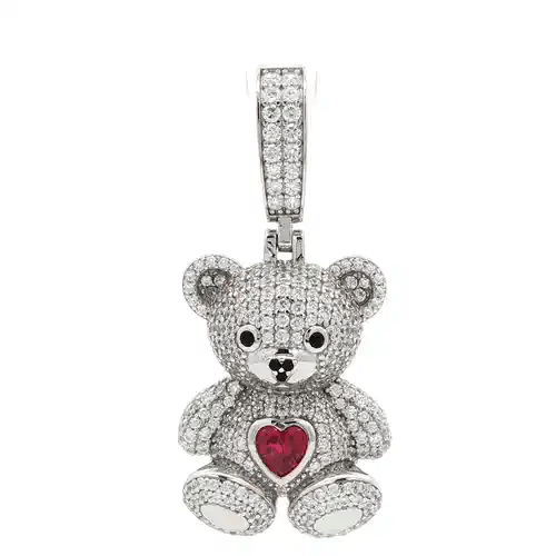 Silver  CZ Ruby-Red Heart Accent Cute Iced Out Teddy Bear Pendant - APD237
