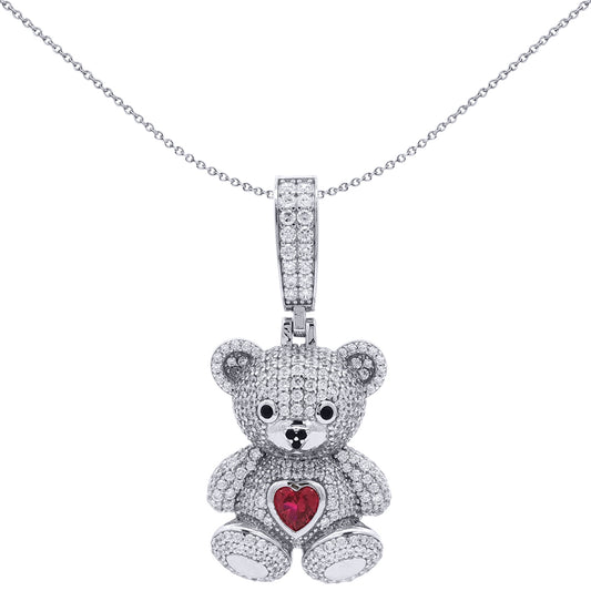 Silver  CZ Ruby-Red Heart Accent Cute Iced Out Teddy Bear Pendant - APD237