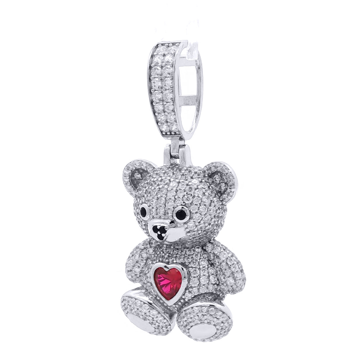 Silver  CZ Ruby-Red Heart Accent Cute Iced Out Teddy Bear Pendant - APD237
