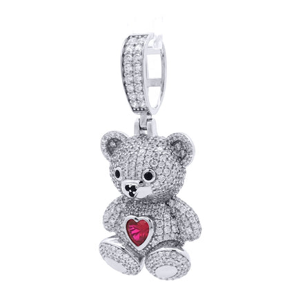 Silver  CZ Ruby-Red Heart Accent Cute Iced Out Teddy Bear Pendant - APD237