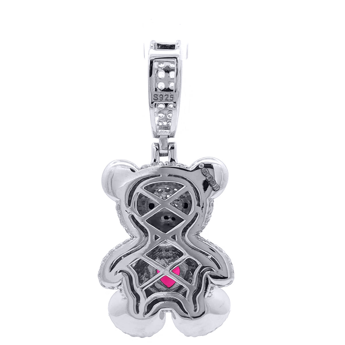 Silver  CZ Ruby-Red Heart Accent Cute Iced Out Teddy Bear Pendant - APD237
