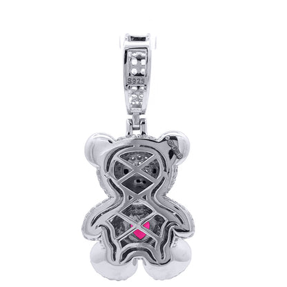 Silver  CZ Ruby-Red Heart Accent Cute Iced Out Teddy Bear Pendant - APD237