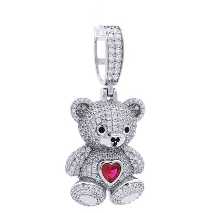 Silver  CZ Ruby-Red Heart Accent Cute Iced Out Teddy Bear Pendant - APD237