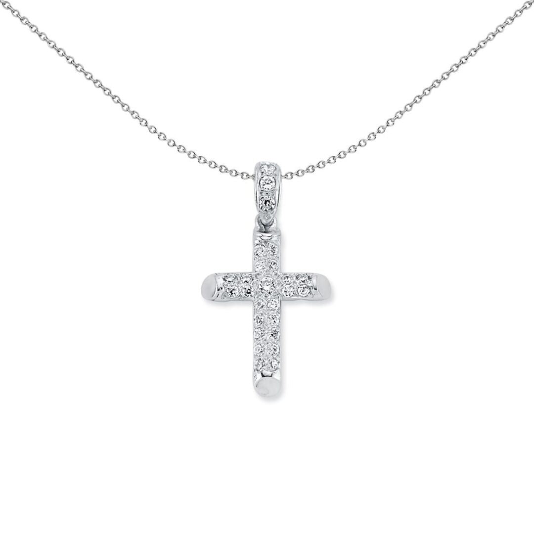Sterling Silver  CZ 2 Row Pave Cross Pendant Necklace 36mm - APX015