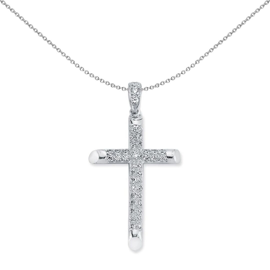 Sterling Silver  CZ 2 Row Pave Cross Pendant Necklace 50mm - APX016