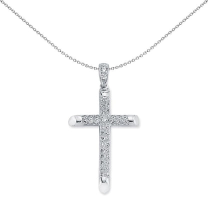 Sterling Silver  CZ 2 Row Pave Cross Pendant Necklace 50mm - APX016