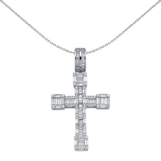 Silver  CZ Art Deco Blocky Cross Pendant Necklace 51mm 18" - APX017