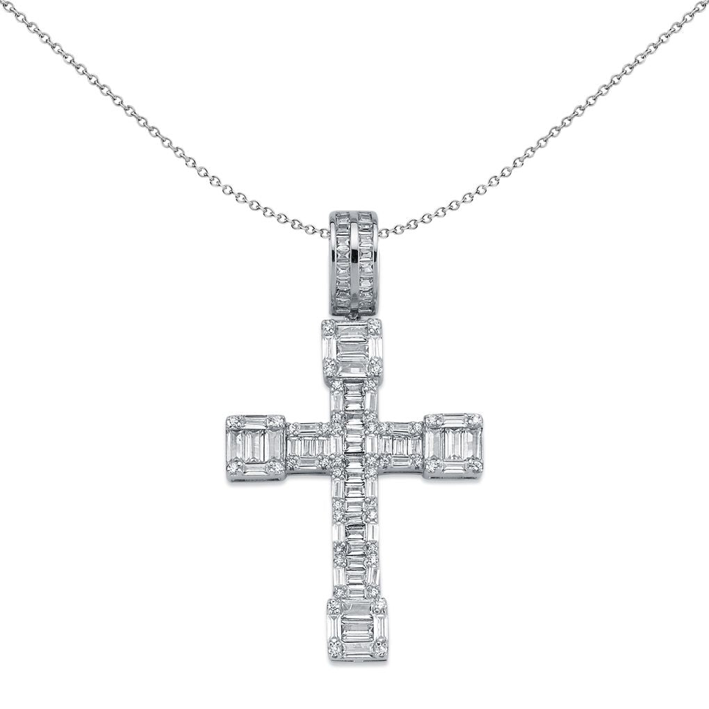 Silver  CZ Art Deco Blocky Cross Pendant Necklace 51mm 18" - APX017