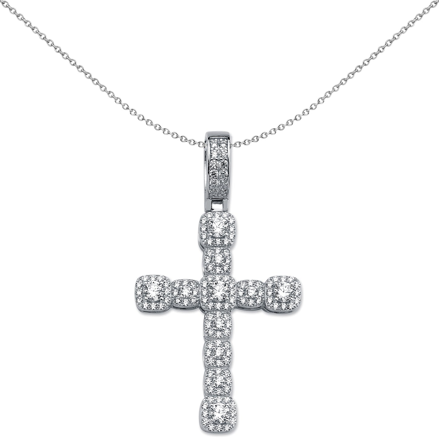 Sterling Silver  CZ Art Deco Halo Cross Pendant Necklace 52mm 18" - APX019