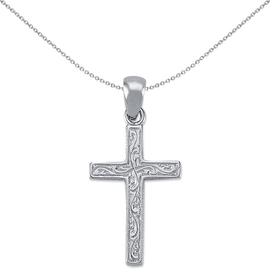 Unisex Rhodium Silver  Carved Cross Pendant Necklace 31mm 18" - APX020