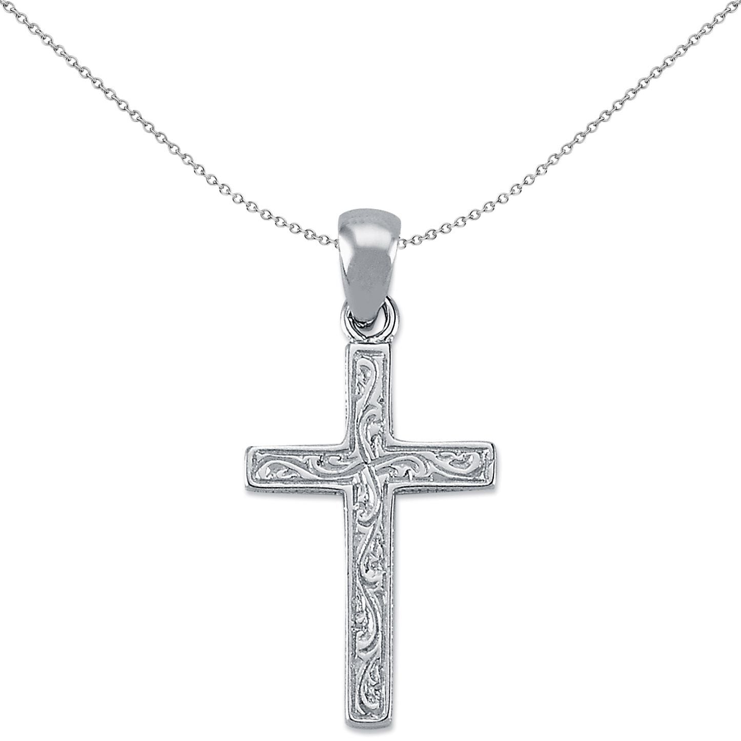 Unisex Rhodium Silver  Carved Cross Pendant Necklace 31mm - APX020