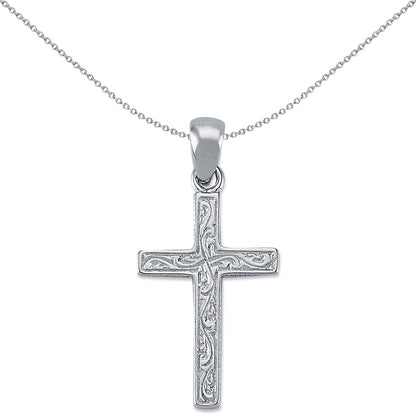 Unisex Rhodium Silver  Carved Cross Pendant Necklace 31mm - APX020