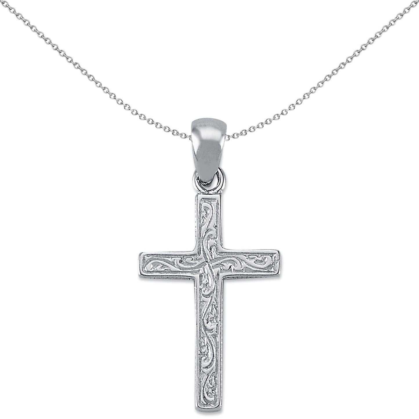 Unisex Rhodium Silver  Carved Cross Pendant Necklace 31mm - APX020