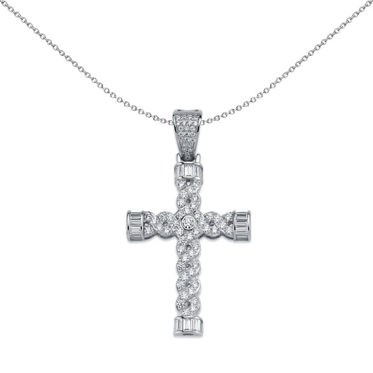 Sterling Silver  CZ Platted Twist Cross Pendant Necklace 49mm 18" - APX023