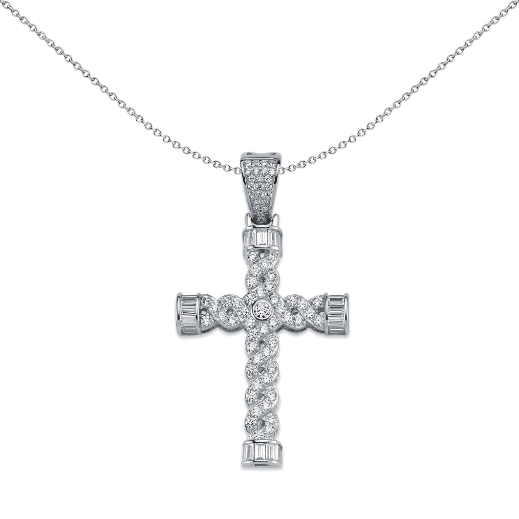 Sterling Silver  CZ Platted Twist Cross Pendant Necklace 49mm 18" - APX023