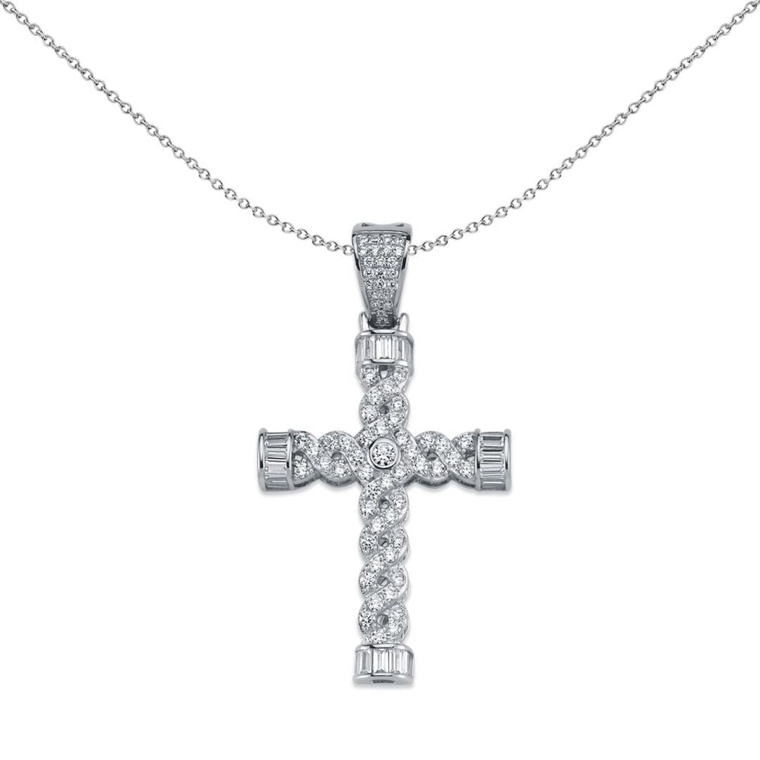 Sterling Silver  CZ Platted Twist Cross Pendant Necklace 49mm - APX023