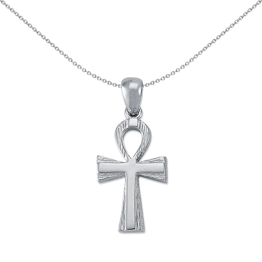 Sterling Silver  Barked Ankh Cross Pendant Necklace 31mm 18" - APX024
