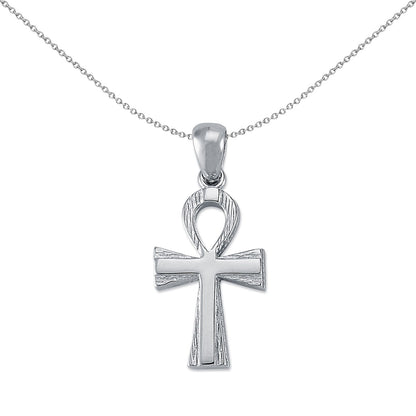 Sterling Silver  Barked Ankh Cross Pendant Necklace 31mm 18" - APX024
