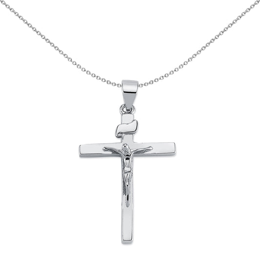 Unisex Rhodium Silver  Crucifix Cross Pendant Necklace 36mm 18" - APX025