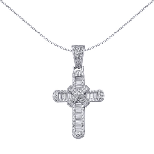 Silver  Round & Baguette CZ X Wrap Shimmering Kiss Cross Pendant - APX034
