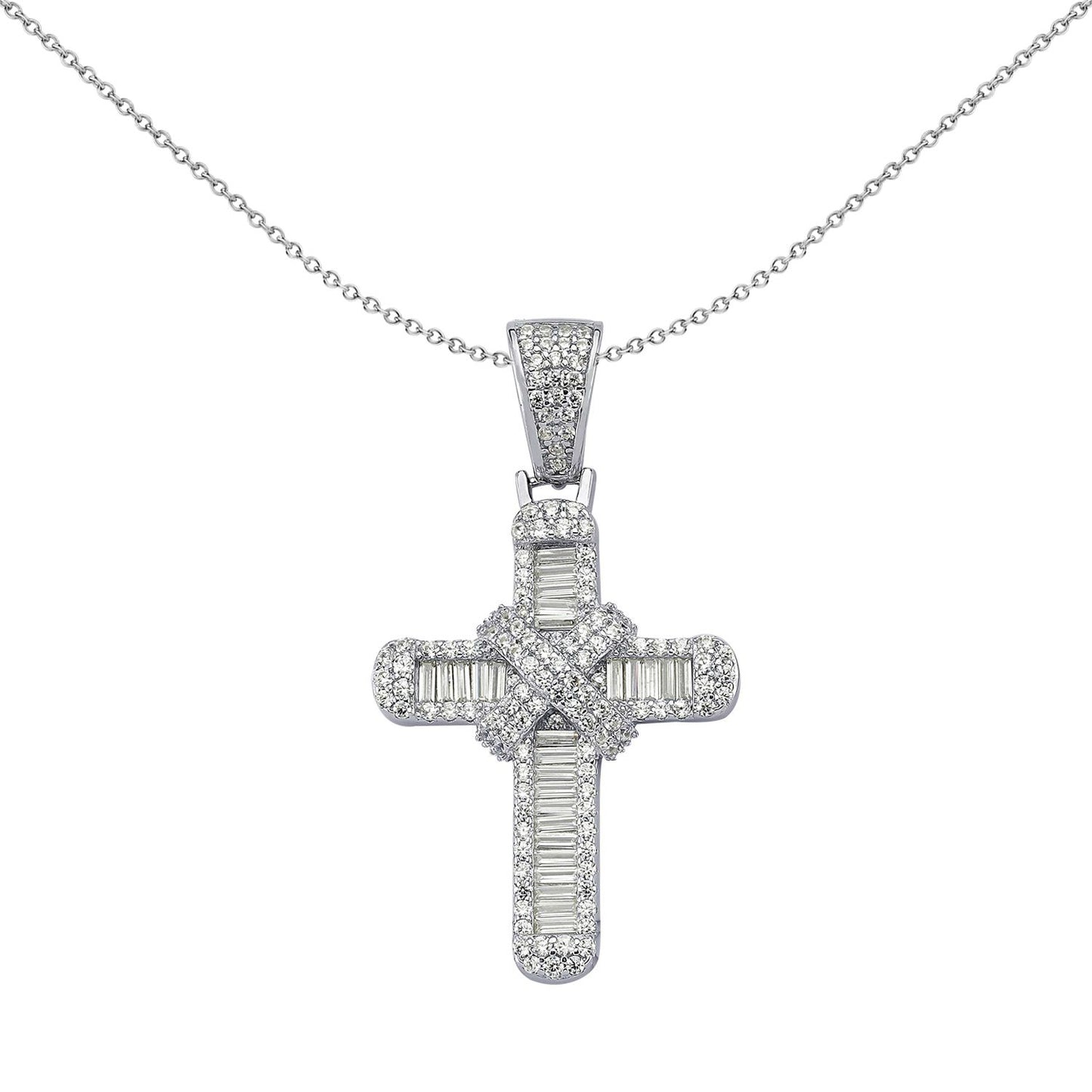 Silver  Round & Baguette CZ X Wrap Shimmering Kiss Cross Pendant - APX034
