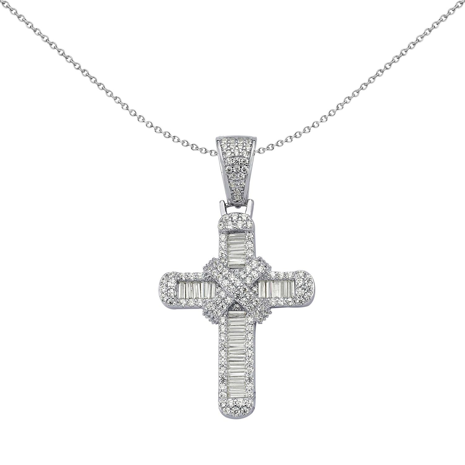 Silver  Round & Baguette CZ X Wrap Shimmering Kiss Cross Pendant - APX034