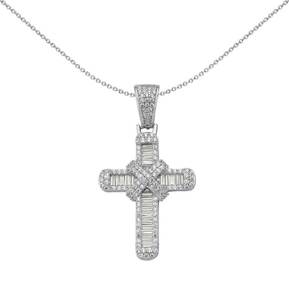 Silver  Round & Baguette CZ X Wrap Shimmering Kiss Cross Pendant - APX034