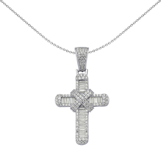 Silver  Round & Baguette CZ X Wrap Shimmering Kiss Cross Pendant - APX034
