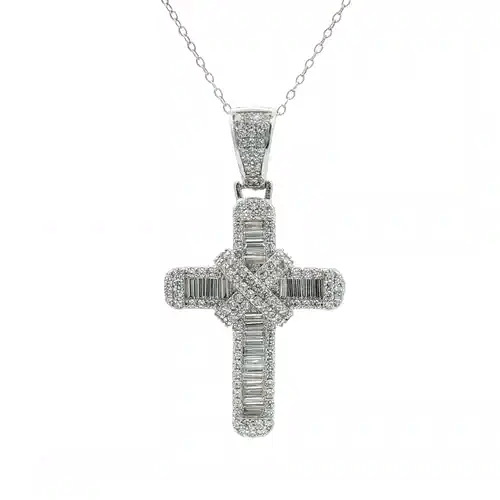 Silver  Round & Baguette CZ X Wrap Shimmering Kiss Cross Pendant - APX034
