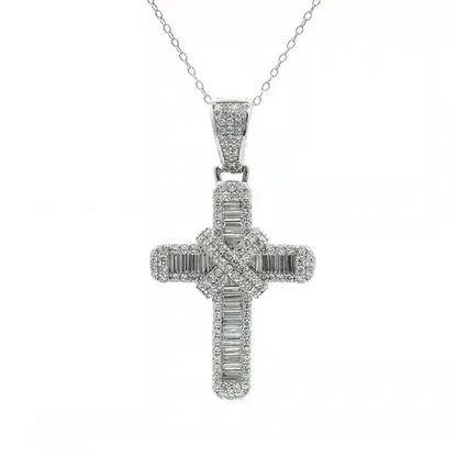 Silver  Round & Baguette CZ X Wrap Shimmering Kiss Cross Pendant - APX034