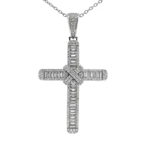 Silver  Round & Baguette CZ X Wrap Shimmering Kiss Cross Pendant - APX035