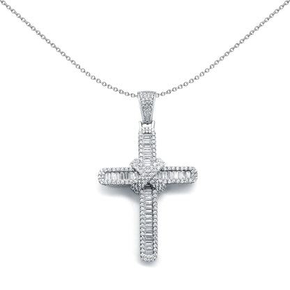 Silver  Round & Baguette CZ X Wrap Shimmering Kiss Cross Pendant - APX035