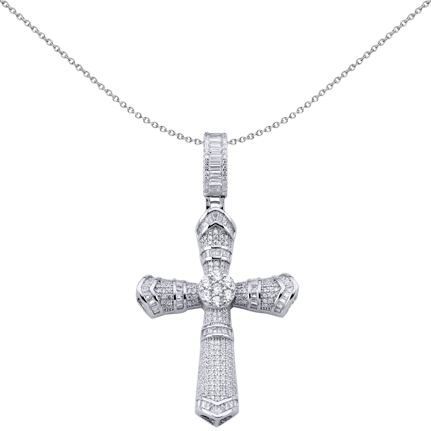 Sterling Silver  Baguette CZ Boomerang Byzantine Cross Pendant - APX036