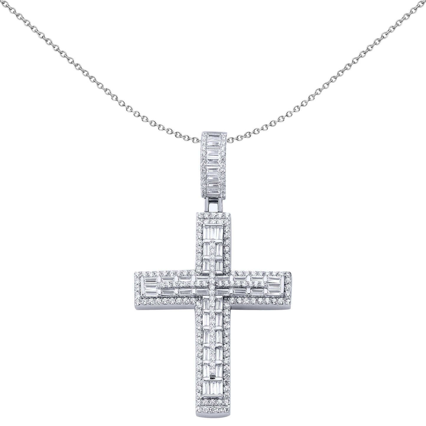 Sterling Silver  Baguette CZ 3 Tier Brick Art Deco Cross Pendant - APX037