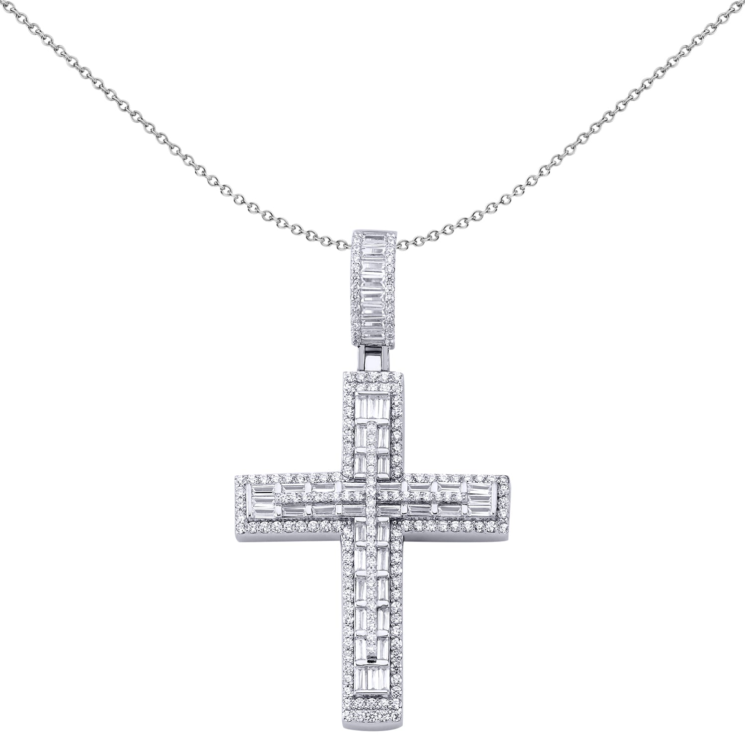 Sterling Silver  Baguette CZ 3 Tier Brick Art Deco Cross Pendant - APX037