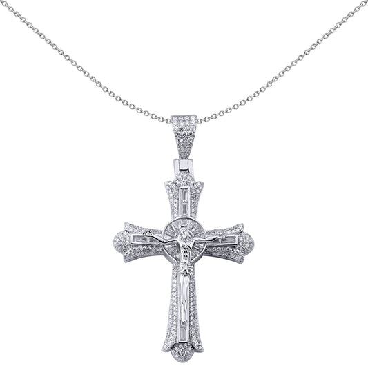 Sterling Silver  CZ Budded Patonce Crucifix Sunrays Cross Pendant - APX039