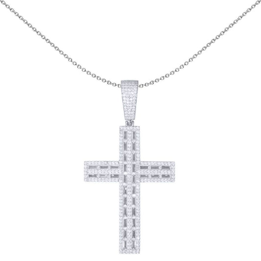 Silver Baguette CZ Crossroads Columns Encrusted Cross Pendant 1oz - APX046