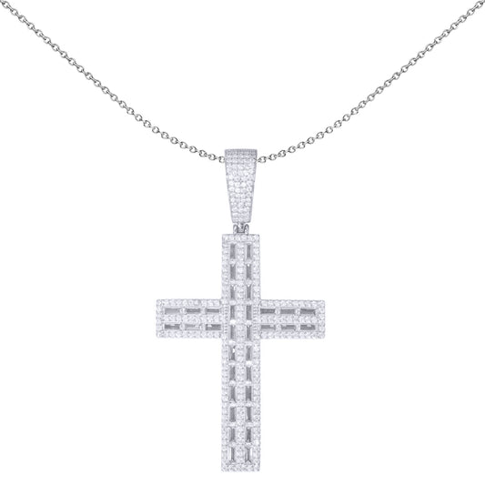 Silver  Baguette CZ Crossroads Columns Encrusted Cross Pendant 1oz - APX046