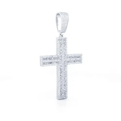 Silver  Baguette CZ Crossroads Columns Encrusted Cross Pendant 1oz - APX046