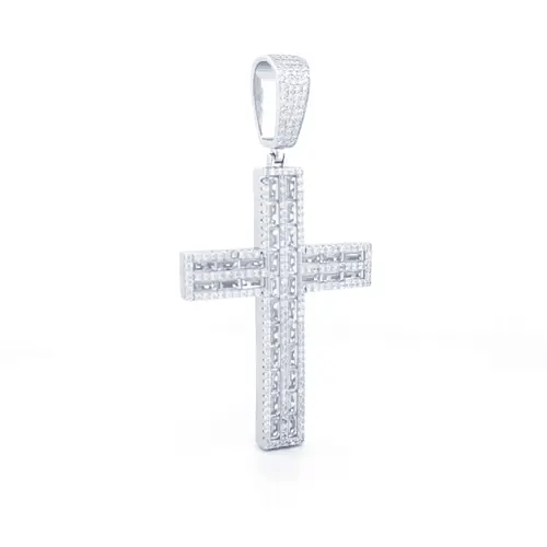 Silver  Baguette CZ Crossroads Columns Encrusted Cross Pendant 1oz - APX046