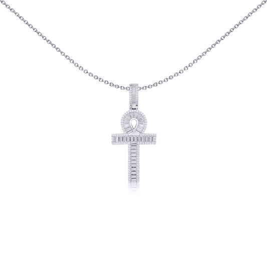 Silver  White Baguette CZ Encrusted Ankh Cross Pendant - APX047