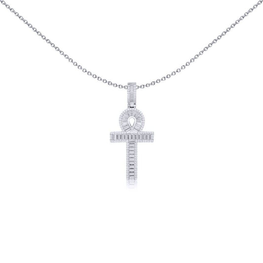 Silver  White Baguette CZ Encrusted Ankh Cross Pendant - APX047