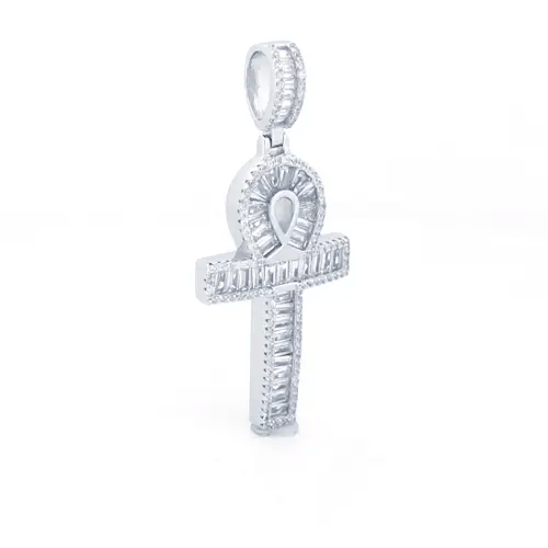 Silver  White Baguette CZ Encrusted Ankh Cross Pendant - APX047