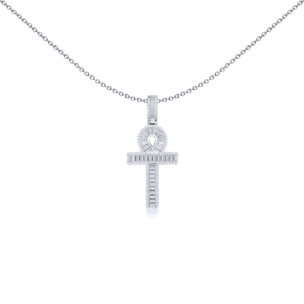 Silver  White Baguette CZ Encrusted Ankh Cross Pendant - APX047
