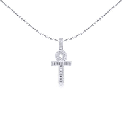 Silver  White Baguette CZ Encrusted Ankh Cross Pendant - APX047