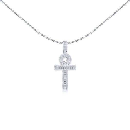 Silver  White Baguette CZ Encrusted Ankh Cross Pendant - APX047