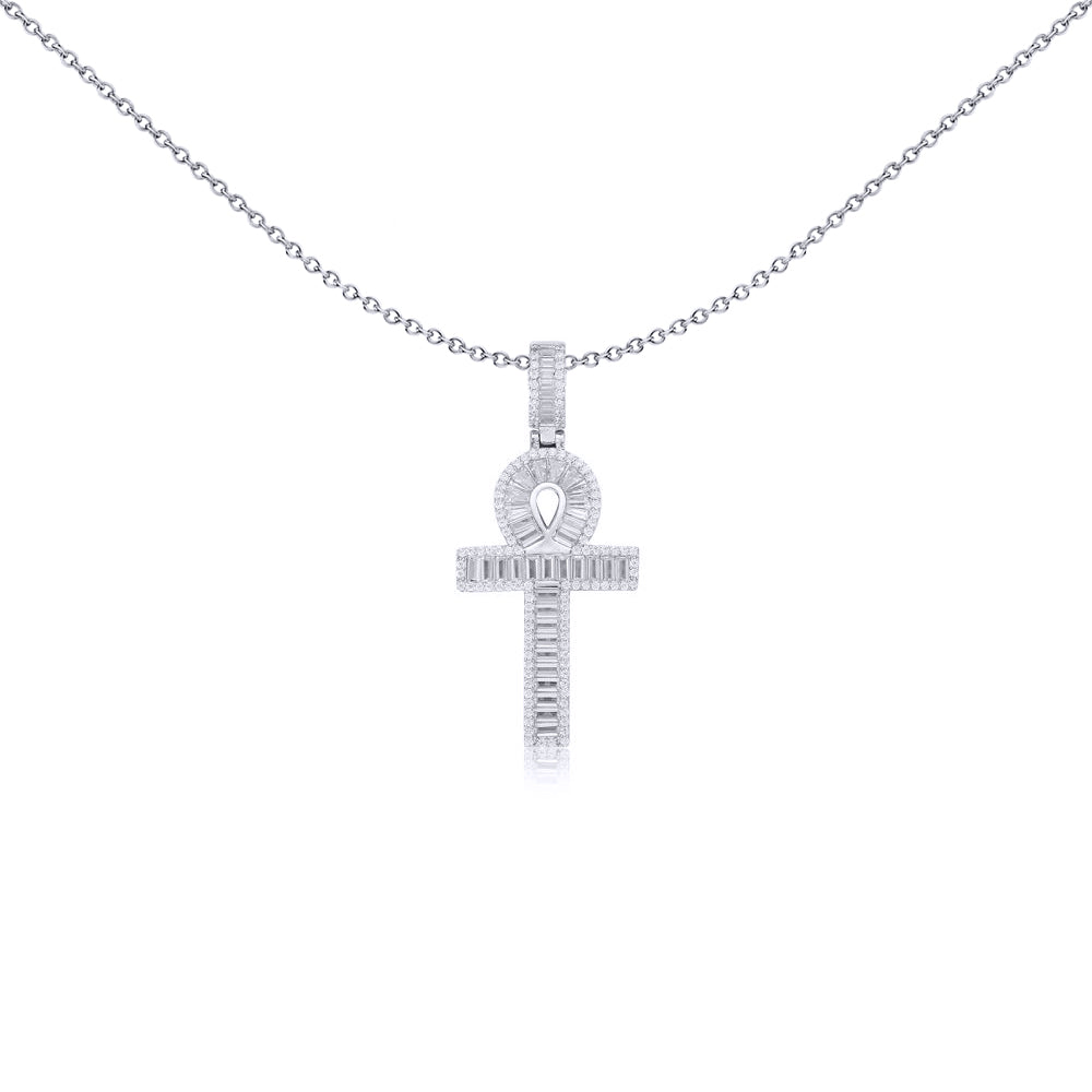 Silver  White Baguette CZ Encrusted Ankh Cross Pendant - APX047